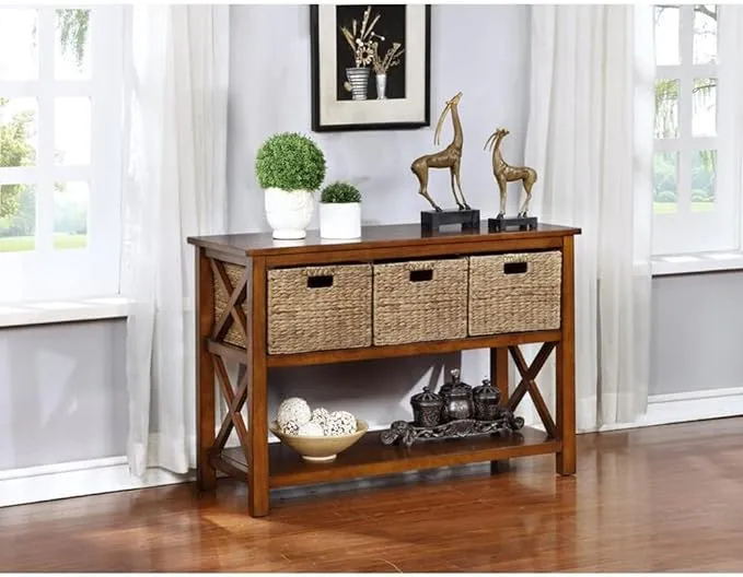 eHemco X-Side Console Sofa Table with 2 Storage Shelves and 3 Wicker Baskets, Coffee