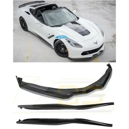 Replacement for 2014-2019 Corvette C7 All Models | Z06 Stage 2 Front Bumper Lip Splitter with Carbon Fiber Side End Caps & Side Skirts Rocker Panel Pair (ABS Plastic - Painted Carbon Flash Metallic)