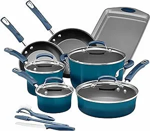 Rachael Ray Brights Nonstick Cookware Set / Pots and Pans Set - 14 Piece, Marine Blue