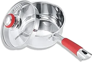 Concord 2 Quart Stainless Steel Saucepan with Simple Pour Vented Glass LID. Features Dual Pouring Spouts and Volume Marking. Perfect for Making Sauces