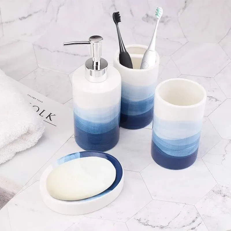 Rich Life Ceramic Bathroom Accessory Set - 4 Piece Painted Set incl. Soap Dispenser, Toothbrush Holder, Tumbler, Soap Dish (Blue)