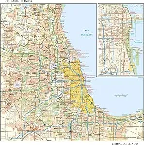 Chicago, Illinois Wall Map, Large - 30" x 29" Laminated