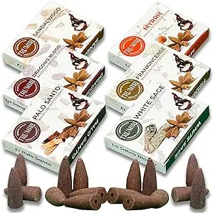 Woody - Backflow Incense Cones for Waterfall - Scented Inscents-Cones - Sandalwood, Dragons Blood, Palo Santo, White Sage - Insiensos Aromaticos - 6x10=60 Large Variety Pack - Back Flow Down Reverse