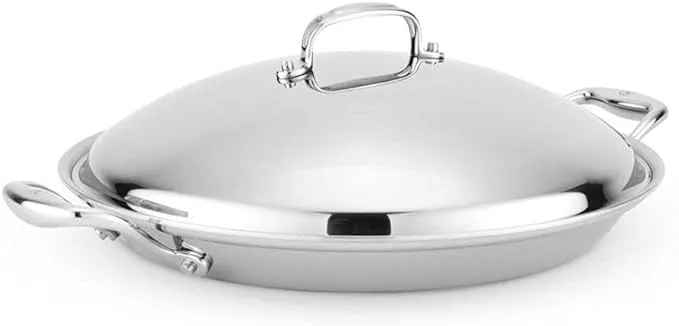 Heritage Steel Paella Pan with Lid - Titanium Strengthened 316Ti Stainless Steel with Multiclad Construction - Induction-Ready and Dishwasher-Safe, Made in USA