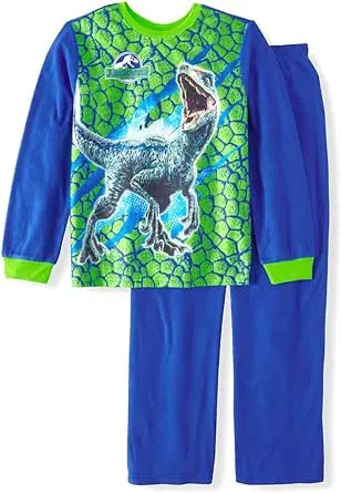 Boys Jurassic Park Dinosaur Raptor Blue Brushed Flannel Pajama Set, Size 4-5