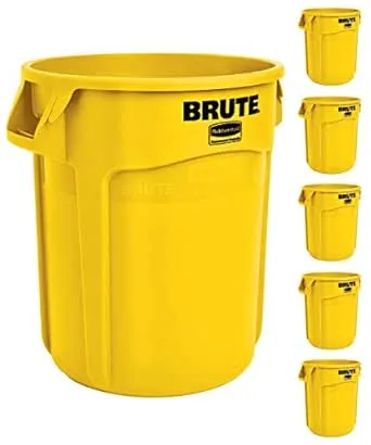 Rubbermaid Commercial Products BRUTE Heavy-Duty Round Trash/Garbage Can, 10-Gallon, Yellow, Outdoor Waste Container for Landscapers/Construction/Restaurants/Back of House/Offices/Warehouses, Pack of 6