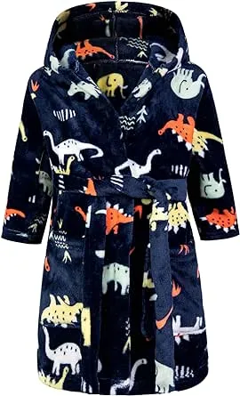 Boys Girls Robe Toddler Hooded Cartoon Dinodaur Plush Bathrobe for Boys Girls