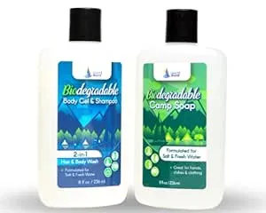 Biodegradable Cleaner Formulated for Nature - Organic 8 oz Camping Companion - For Fresh & Salt Water, No Dies or Fragrances, Organic Body Wash, Travel Size Body Wash, Travel Shampoo (Soap Kit)