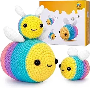 Crochetta Crochet Kit for Beginners - Starter Kit with Video Tutorials for Adults & Kids, Knitting Kit with 3 Bee Family (40%+ Yarn)