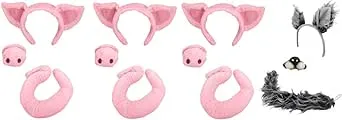 Storybook 3 Pigs And Bad Wolf Headbands Tails Noses Group Costume Accessory Set