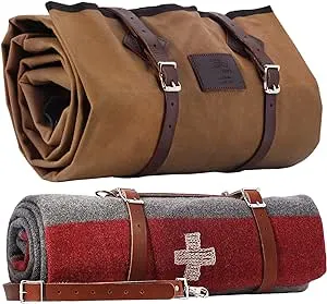 1844 Helko Werk Germany Waxed Canvas Bedroll & Swiss Army Blanket Bundle - Camping Bedroll with Leather Straps and Zipper - Waterproof Portable Bed