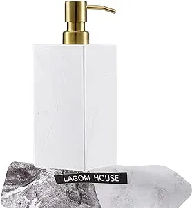 LAGOM HOUSE Marble Soap Dispenser, White Italian Natural Stone Marble Liquid Hand Soap Dispenser Decorative Bottle for Kitchen Bathroom Countertop Gold Stainless Steel Lotion Pump Dispenser