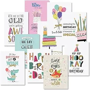 Simple Wishes Birthday Greeting Cards Value Pack - Set of 20 (10 designs), Large 5" x 7", Happy Birthday Card Assortment Set