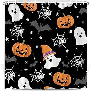 Black Halloween Ghost Spider Web Pumpkin Shower Curtain Set for Bathroom Decor