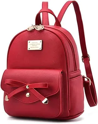 Girls Bowknot Cute Leather Backpack Mini Backpack Purse for Women, Red