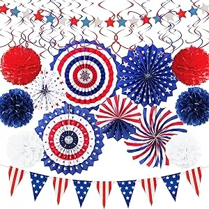 DawnHope 38PCS 4th/Fourth of July Patriotic Decorations Set Independence Day Red White Blue Hanging Paper Fans, Hanging Swirls, USA Flag Pennant, Pom Poms Party Supplies Veteran Day Decor