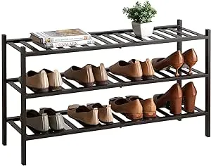 Long Shoe Rack, 3-Tier Bamboo Stackable Shoe Shelf Storage Organizer, Shoe Stand for Closet, Entryway and Hallway