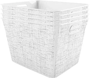 Curver Set of 4 Large V Baskets Decorative Plastic Organization and Storage Basket, White with Tweed Pattern