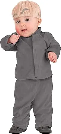 Evil Gray Suit Costume For Infants | Baby Henchman Outfit With Jacket, Pants, Soft Bald Cap Hat With Eyebrows