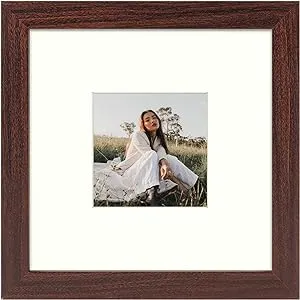 Frametory, 8x8 Square Photo Frame with Ivory Color Mat for 3.5x3.5 Photo, Perfect for Table-Top, Wide Molding, Built in Hanging Features (Brown, 3-Pack)