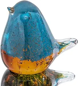 QFkris Handmade Glass Bird Blown Glass Figurine Collectible Glass Art Craft Gift for Christmas, Birthday Home Decor Blue Yellow Paper Weight