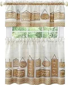 Light Filtering Printed Tier & Valance Window Curtain Set - 24 Inch Length, 58 Inch Width - Modern Farmhouse (Tan), Machine Washable Drape for Kitchen, Living, & Dining Room by Achim Home Decor