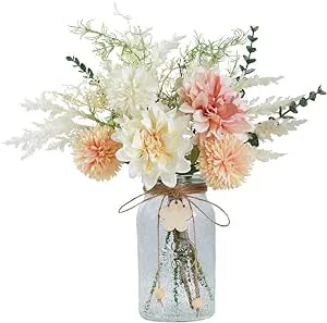 Silk Flowers with Vase, Artificial Flowers Arrangement with Glass Vase Faux Rose for Decoration Table Centerpiece (Dahlia White Pink)