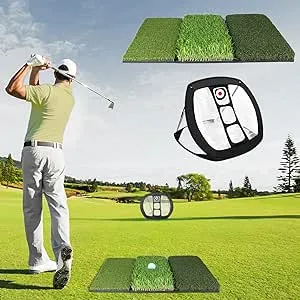 Foldable Golf Hitting Mat + Training Net, Portable Tri-Turf Mat & Golf Chipping Net Set for Swing Optimal Practice - Heavy Duty Folding Tri-Turf Golf Mat Indoor/Outdoor Pad