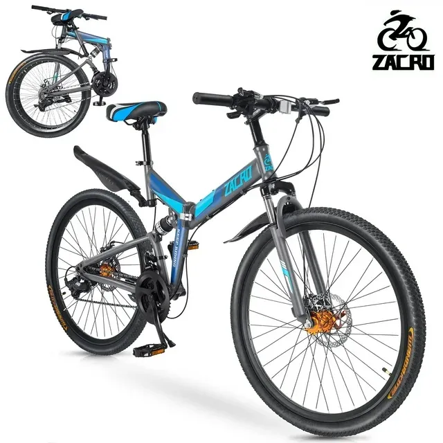 Zacro 26 inch Folding Mountain Bike, 24 Speed Dual Disc Brake Alloy Wheels MTB Bicycle for Men Women Adults Youth, Blue