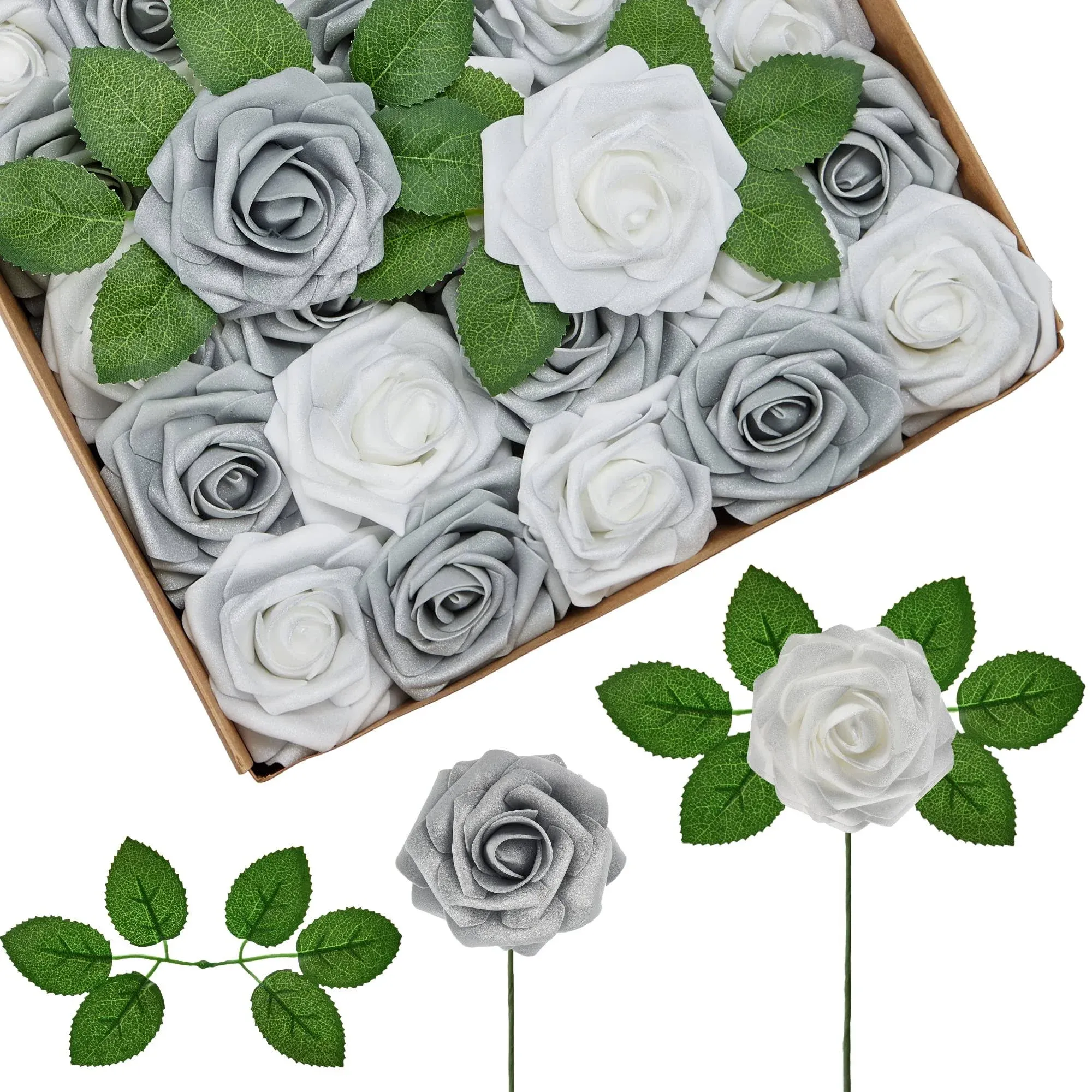 InnoGear Artificial Roses Flowers, 50 Pcs Shimmer Silver Grey Fake Roses for Decoration DIY Wedding Bouquets Centerpieces Bridal Shower Party Valentin