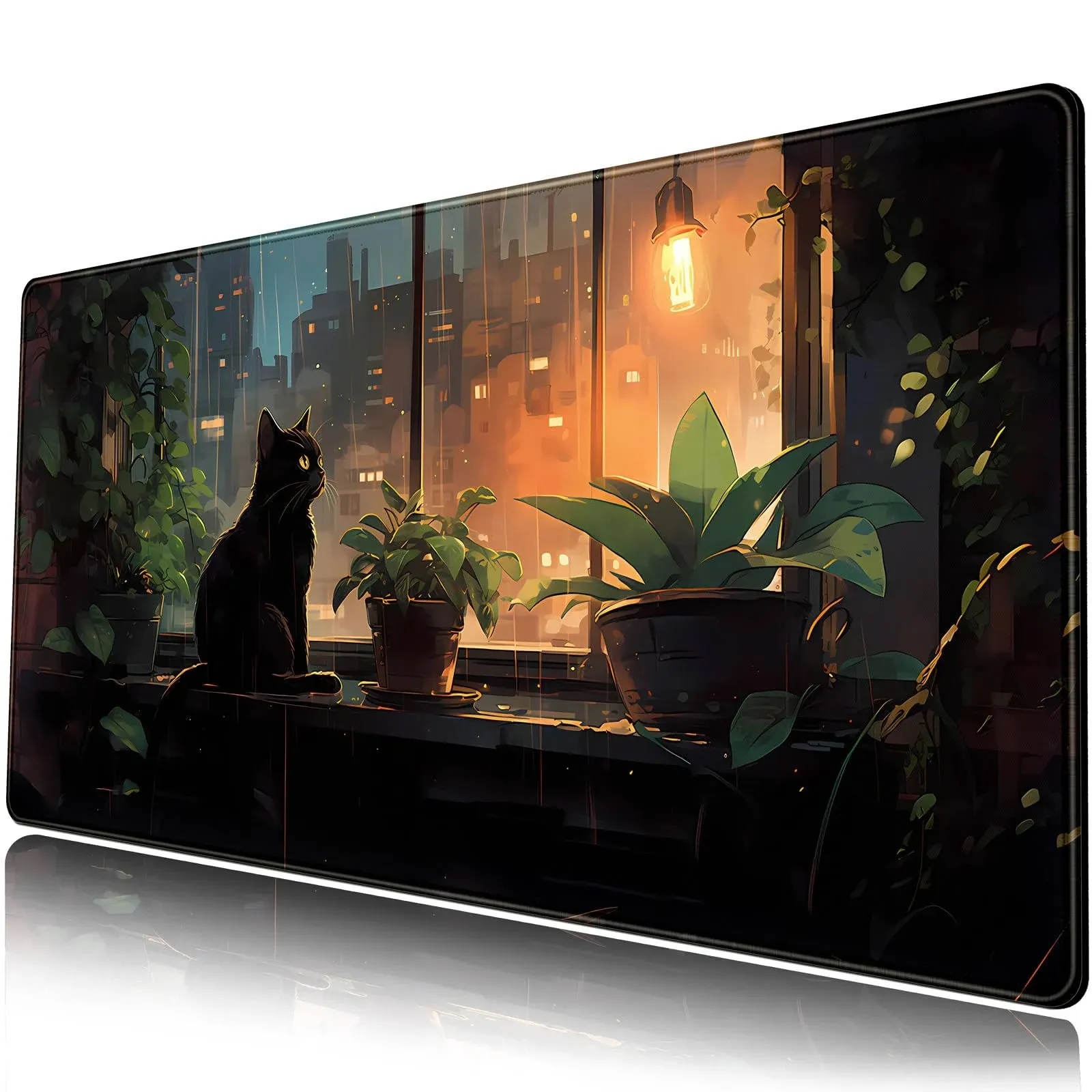 Black Cat Desk Mat Green Plants Desk Pad Anime Large Gaming Mouse Pad XL Full Desk Mousepad Extended Keyboard Mat Big Long Mouse Mat Laptop Desktop Mat Pad Cute Desk Decor for Women 31.5''X15.7''