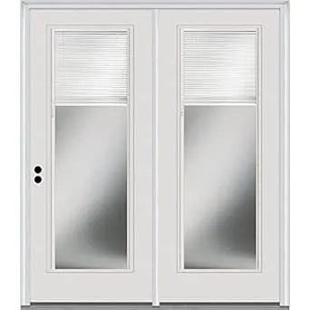 National Door Company Z001612R Fiberglass Smooth, Primed, Right-Hand Inswing, Center Hinged Patio, Clear Glass with Internal Blinds, 63" x 81.75"