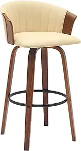 Armen Living Diana 30" Seat Height Mid Century Modern Swivel Walnut Wood Bar Stool for Kitchen Island Counter in Cream Faux Leather