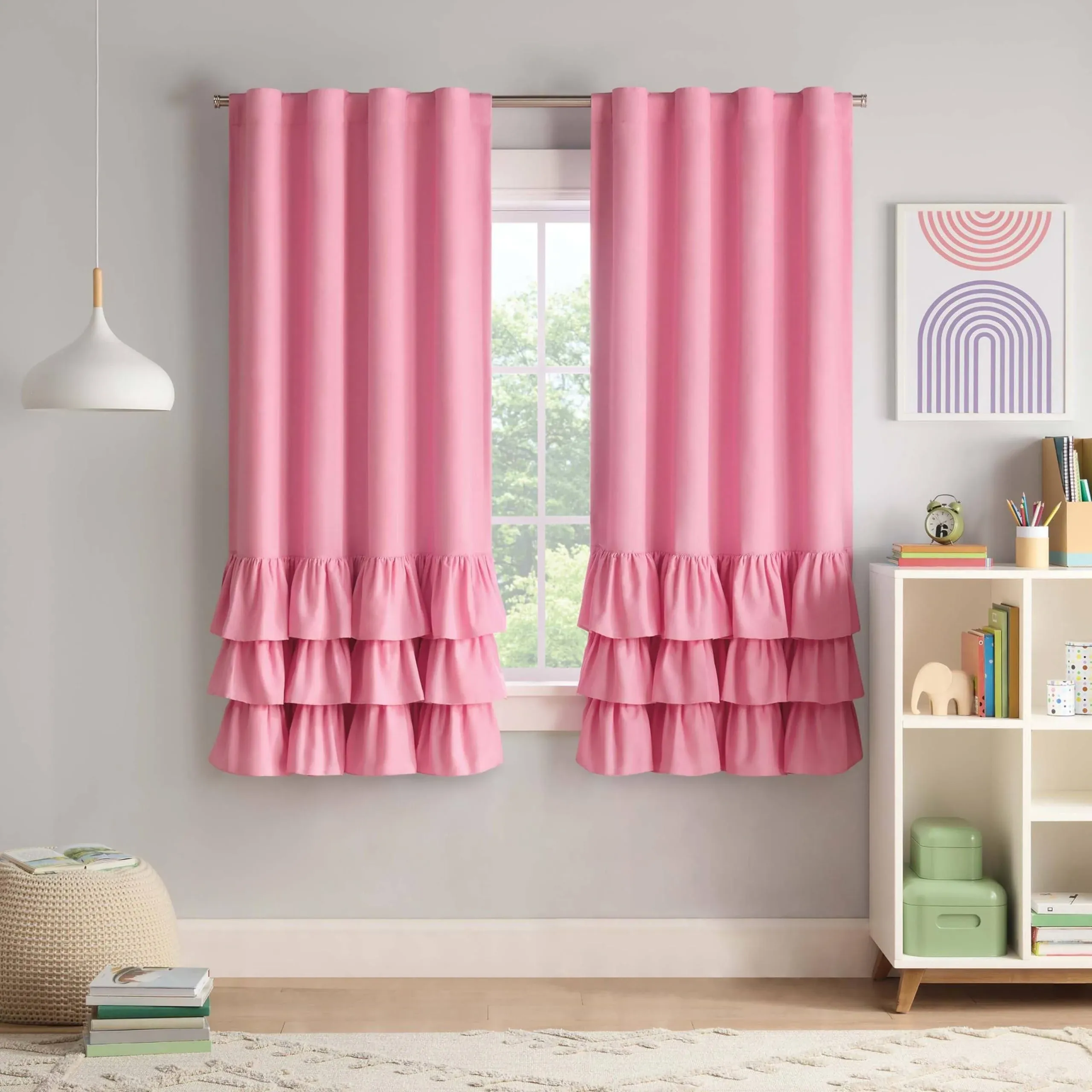 Eclipse Blackout Curtain, Tiered Ruffle Kids Curtain, 63 in x 40 in, Thermaback 100% Blackout Curtain with Rod Pocket Header, Curtain for Kids Room or Playroom, 1 Window Curtain, Pink