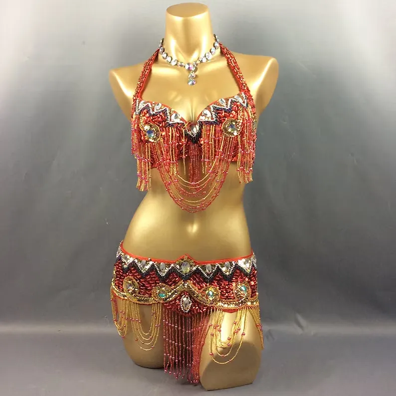 FREE SHIPPING Hand Beaded Belly Dance Samba Costume halloween costumes bra belt 2pcs- red