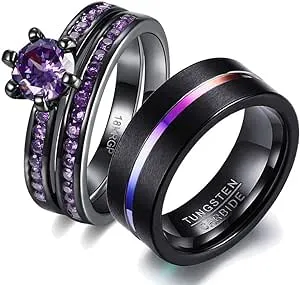 Wedding Ring Set His Hers Couples Matching Rings Women's 18K Black Gold Filled Violet CZ Wedding Engagement Ring Bridal Sets & Men's Tungsten