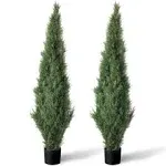 Set of 2 Pre-Potted 3 Feet Faux Cedar Tree, Lifelike UV Protected Front Door Decor, Porch, Garden, Entryway Topiary, Indoor/Outdoor Use - Ready to