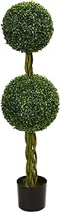 "4' Boxwood Double Ball Artificial Topiary Tree with Woven Trunk UV Resistant (Indoor/Outdoor)"