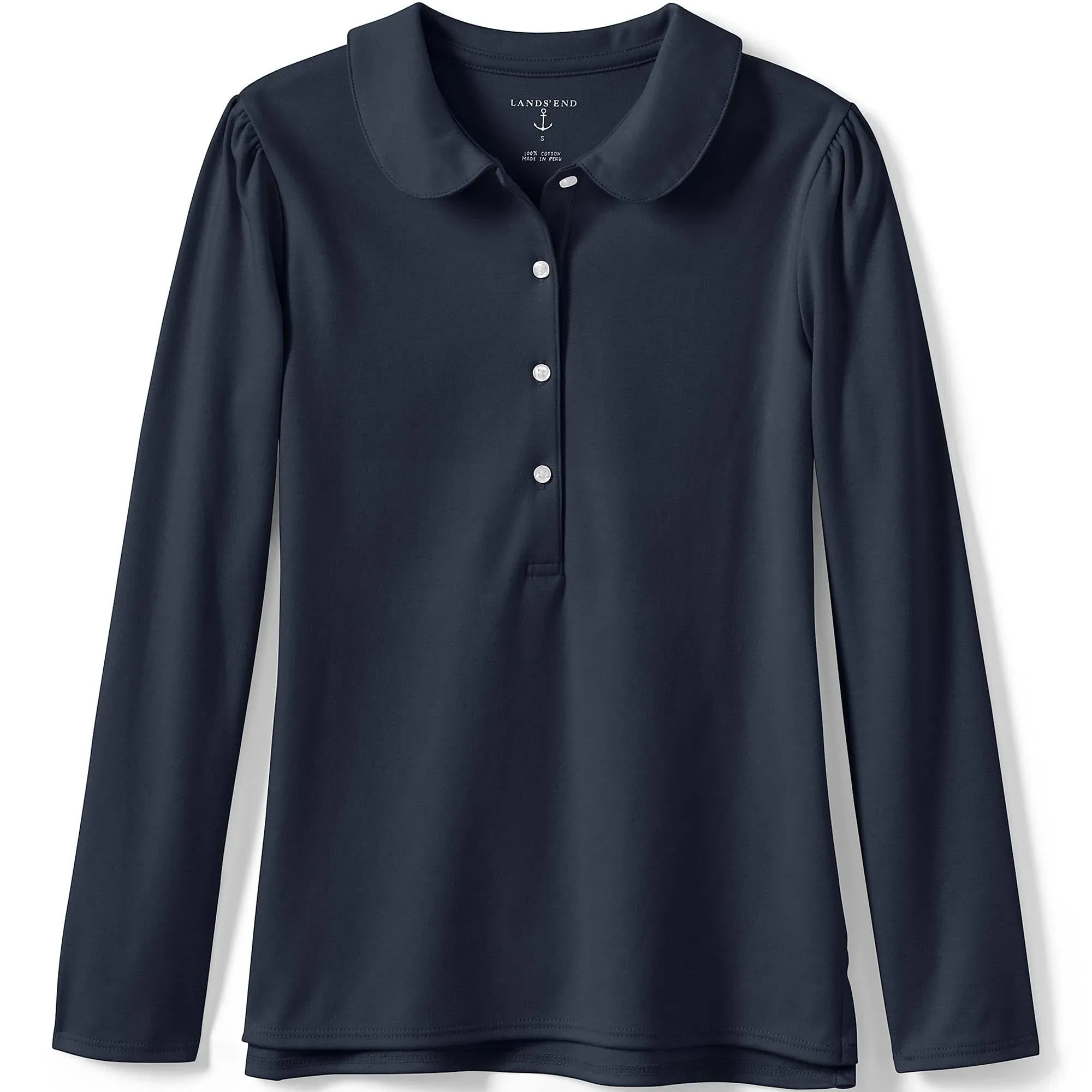 Lands' End School Uniform Girls Long Sleeve Peter Pan Collar Polo Shirt - Small - Classic Navy