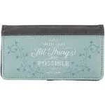 Christian Art Gifts Checkbook Cover for Women and Men - All Things Are Possible Christian Blue Wallet Faux Leather Christian Checkbook Cover for Duplicate Checks Credit Cards & Pen Loop - Mathew 19:26