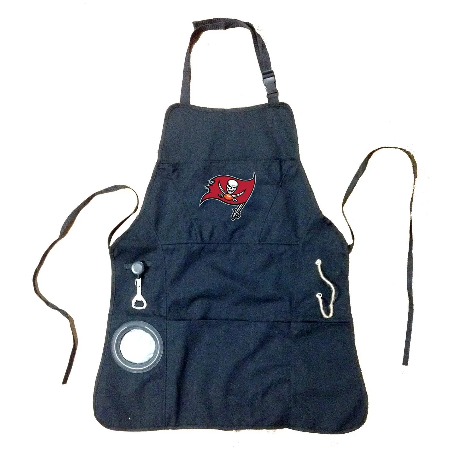 Team Sports America Outdoor NFLBlack Grilling Apron | Tampa Bay Buccaneers | Made of Durable Cotton | Beverage Opener and Multi-Tool | Sports and Tailgaiting Apparel