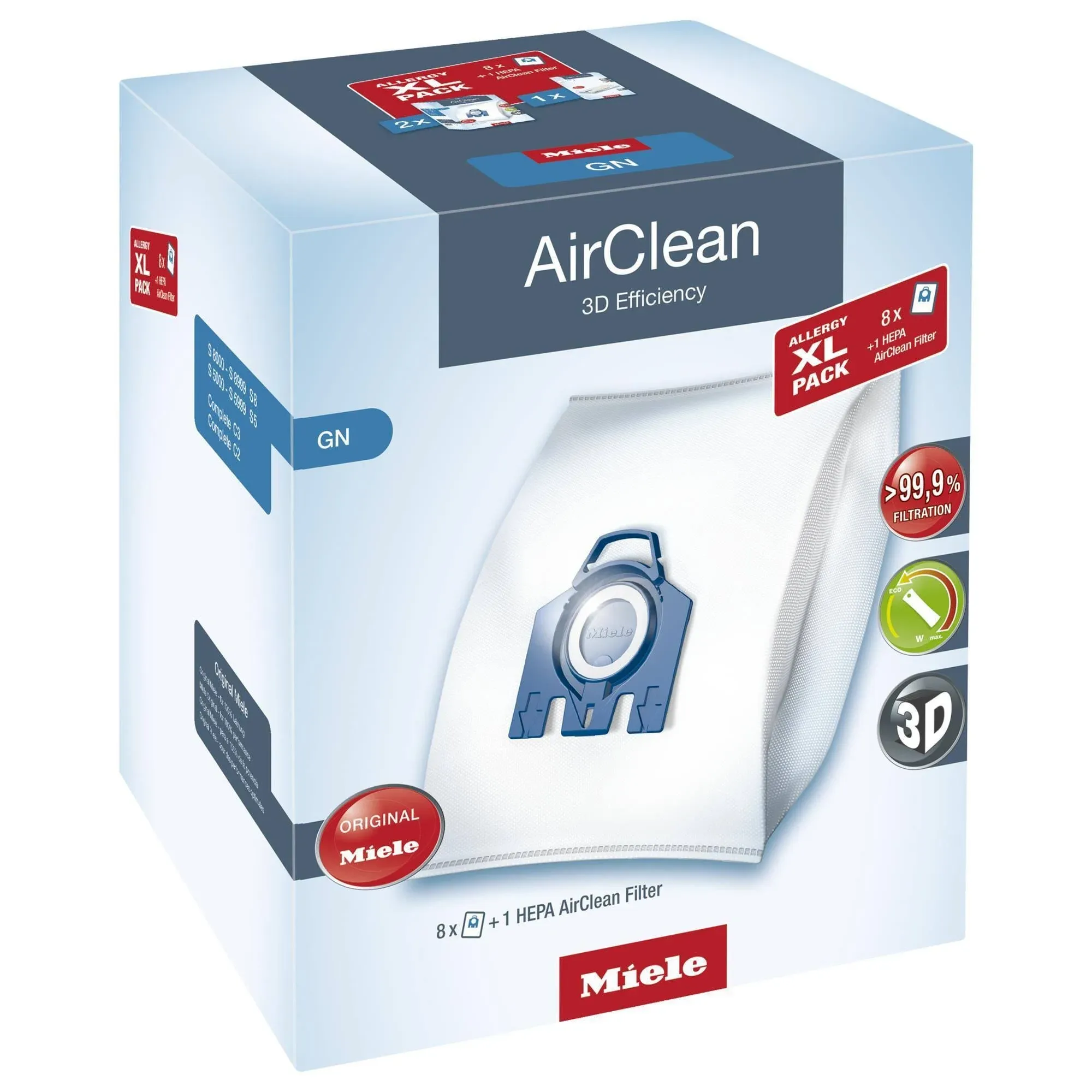 Miele Allergy XL Pack AirClean 3D GN Vacuum Cleaner Bags, 8 x Bags, 1 x Hepa...