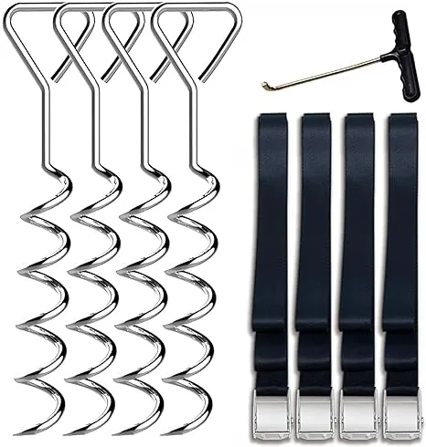 Eurmax USA Trampoline Stakes Heavy Duty Trampoline Parts Corkscrew Shape Steel Stakes Anchor Kit with T Hook for Trampolines -Set of 4 Bonus 4 Strong Belt