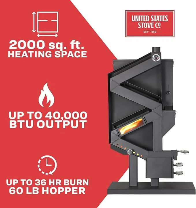 US Stove Company US GW1949 Wiseway Non-Electric Pellet Stove, 60 lbs Hopper, Black