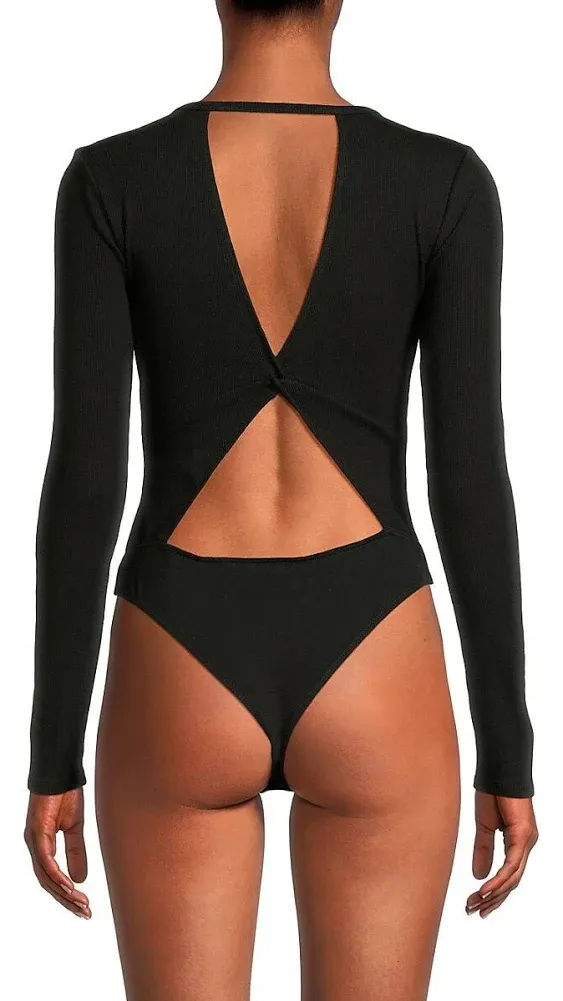 Hudson Women's Knot Back Ribbed Bodysuit - Black - Size XL