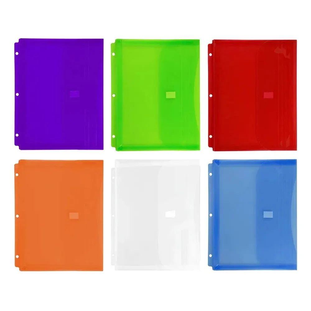 JAM Paper 9.5" x 11.5" Plastic 3 Hole Punch Binder Hook & Loop Closure Envelopes, 6ct.