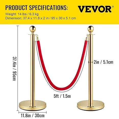 Vevor Velvet Ropes and Stanchion Post with Ball Top and Four Way Connection for Crowd Control Barriers, Safety, and Protection, Gold