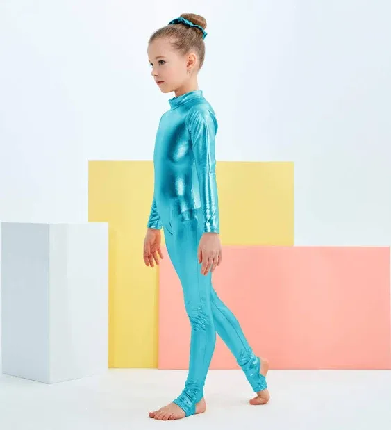 Kepblom Girls Shiny Metallic Mock Neck Unitard Long Sleeve Zipper Back One Piece Bodysuit Costume