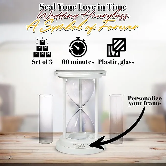 Unity Hour Glass - Symbolize Your Timeless Love, Unique Wedding Hourglass Timer 60 Minutes Cylinder Set – 3 Pcs Personalized White Unity Sand Hourglass Set - Sand Sold Separately