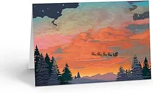 Stonehouse Collection Forest Sunset Santa - 18 Christmas Cards & Evelopes - Flying Sleigh (Standard)